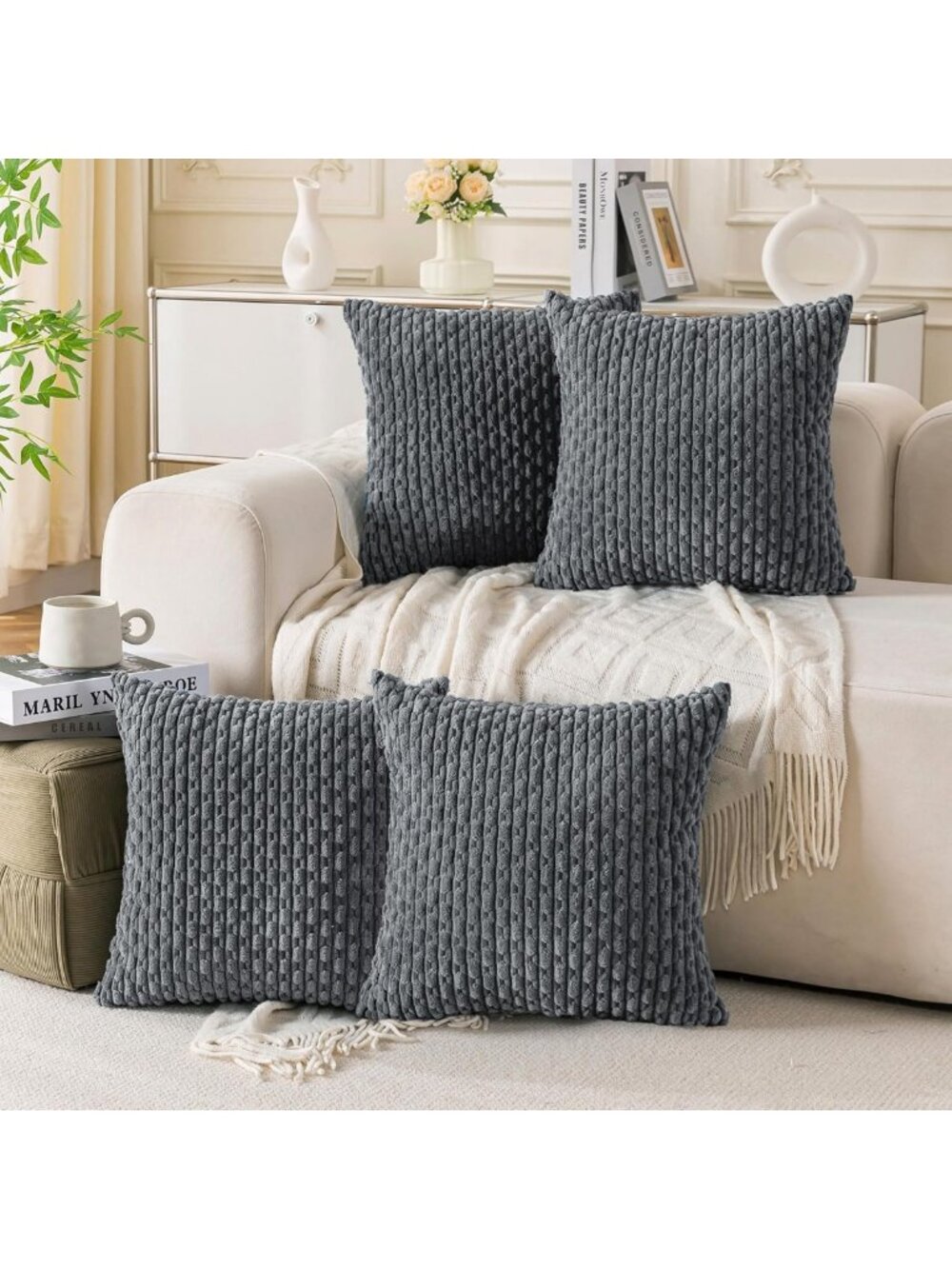 Set of 4 Medium Grey Corduroy Throw Pillow Covers 24x24" for Couch & Sofa